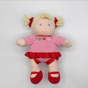 CARTER'S Soft Doll 9” Plush Blond Hair Eyes Pink Dress Rattle Baby Girl